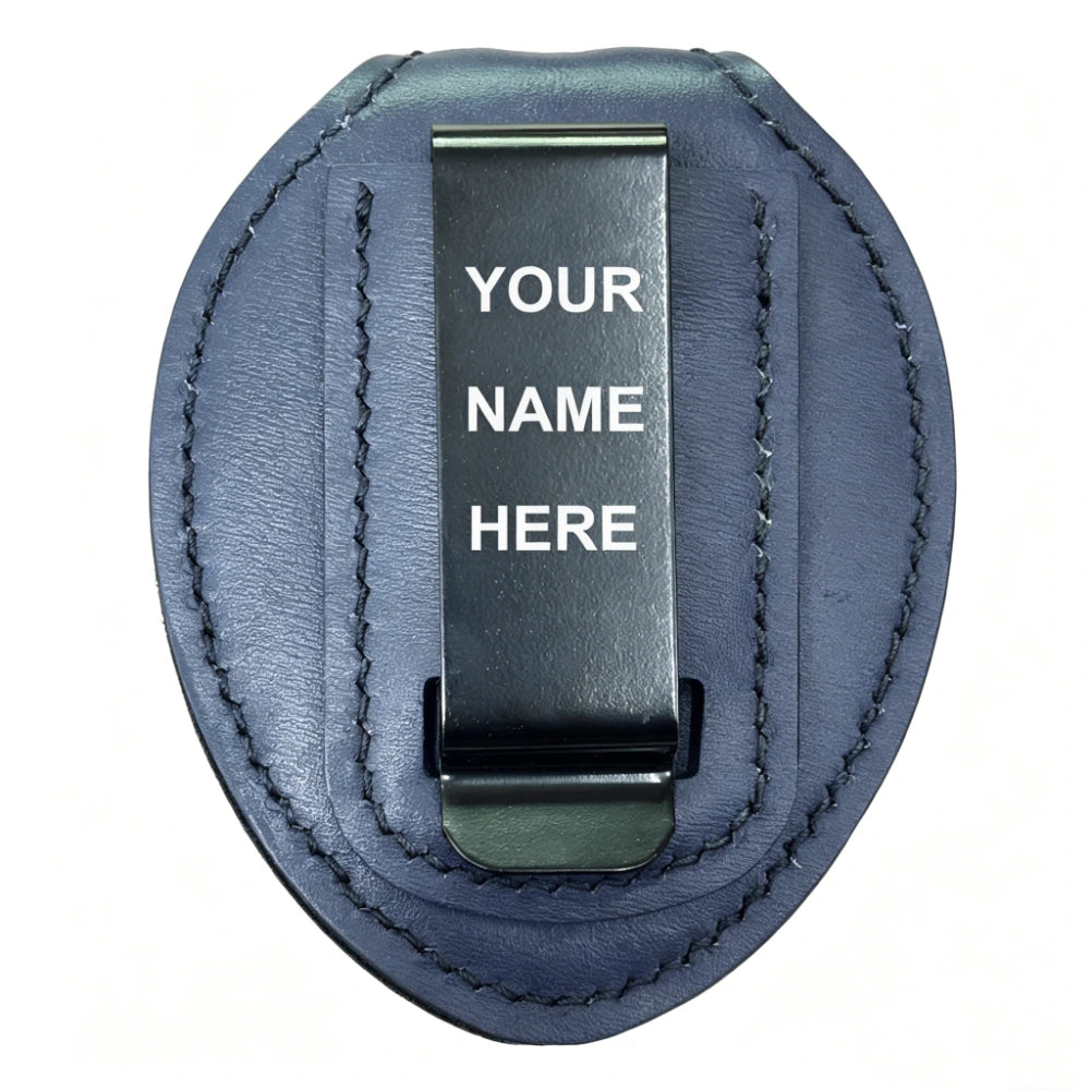 Personalized Genuine Leather Oval Police Badge Holder - Dark blue Case with Belt Clip & Neck Chain