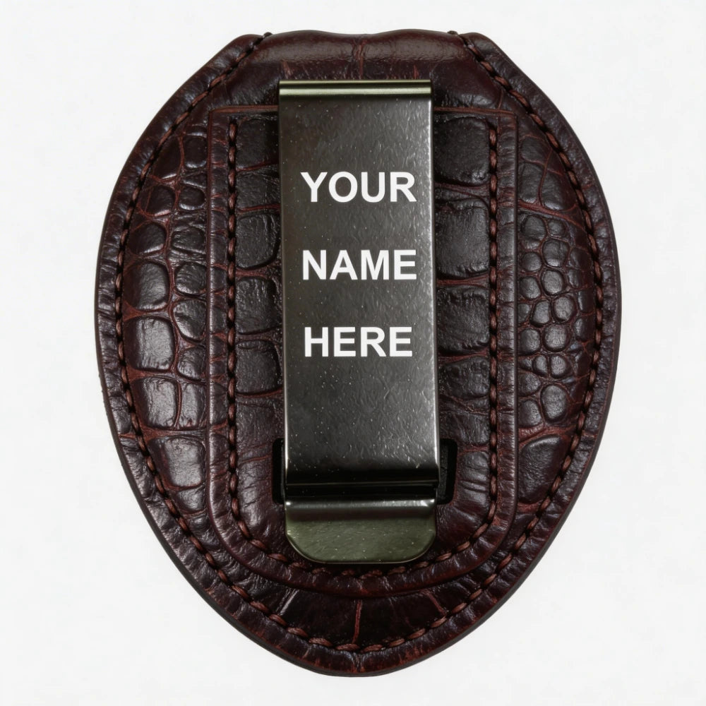 Personalized Genuine Leather Oval Police Badge Holder - C002 Case with Belt Clip & Neck Chain