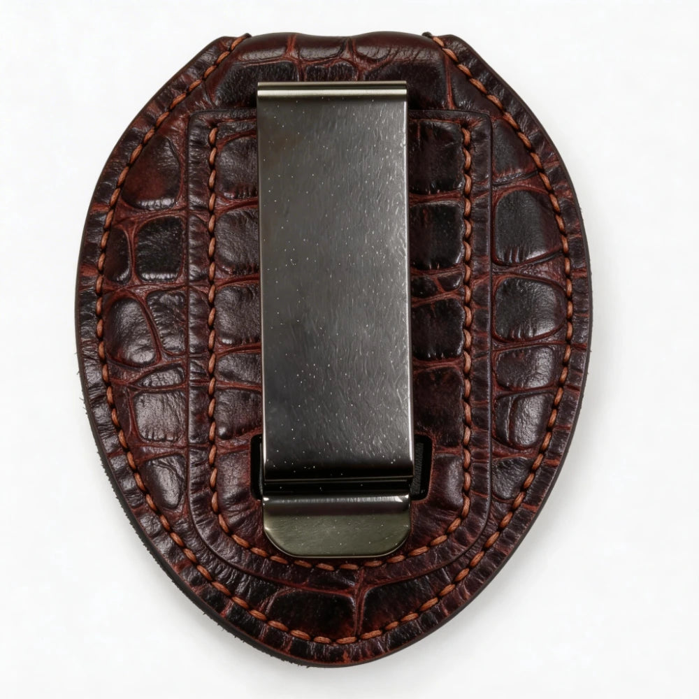 Personalized Genuine Leather Oval Police Badge Holder - C002 Case with Belt Clip & Neck Chain