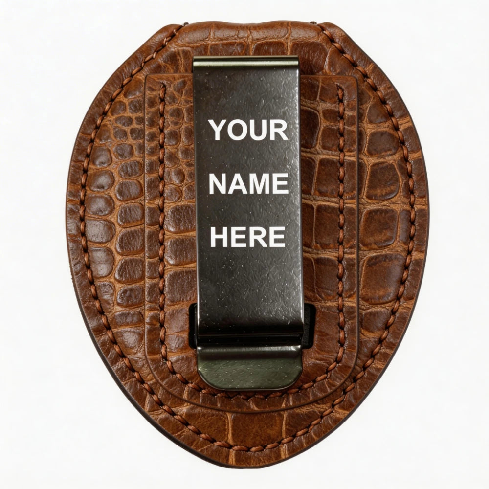 Personalized Genuine Leather Oval Police Badge Holder - C006 Case with Belt Clip & Neck Chain