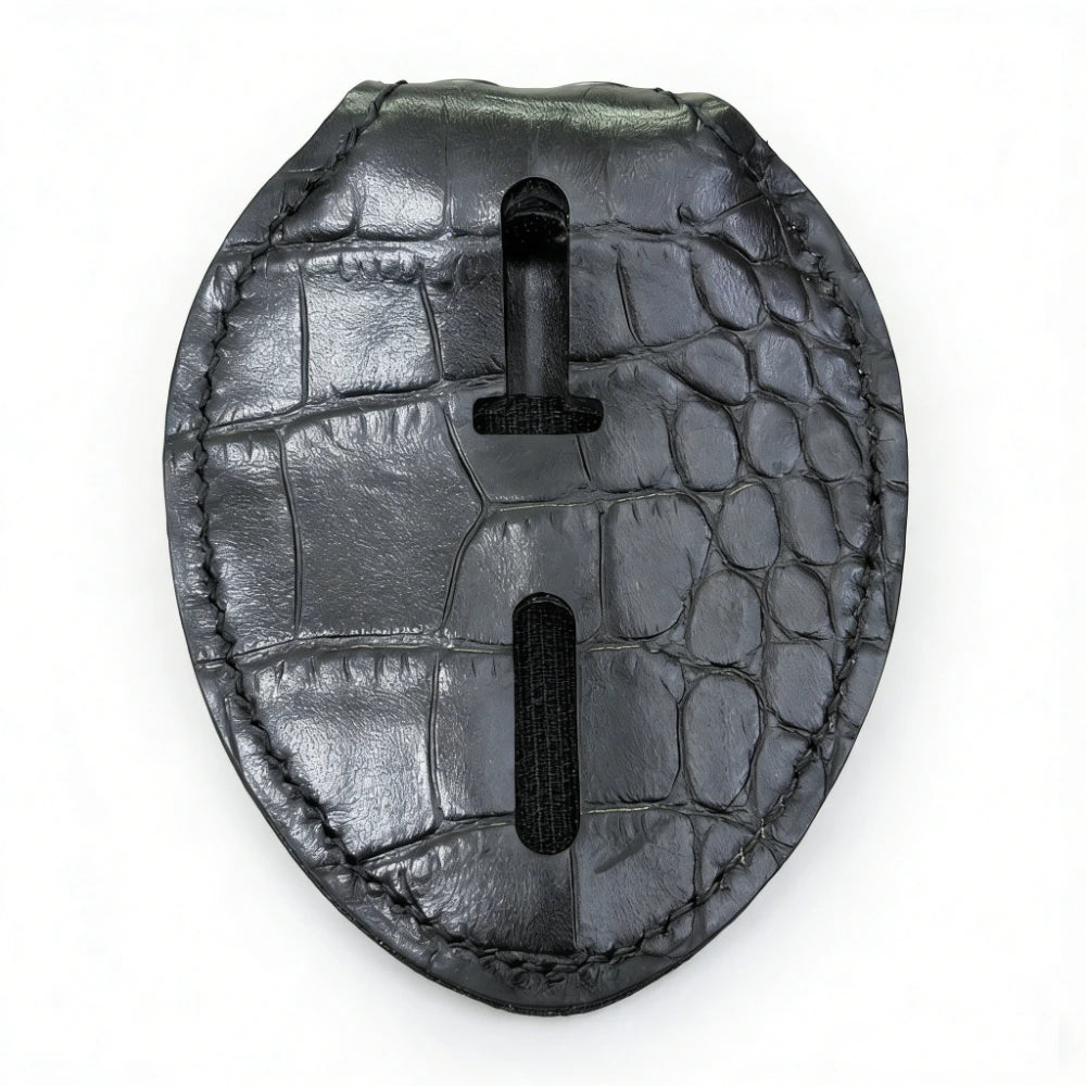 Personalized Genuine Leather Oval Police Badge Holder - Crocodile pattern Case with Belt Clip & Neck Chain
