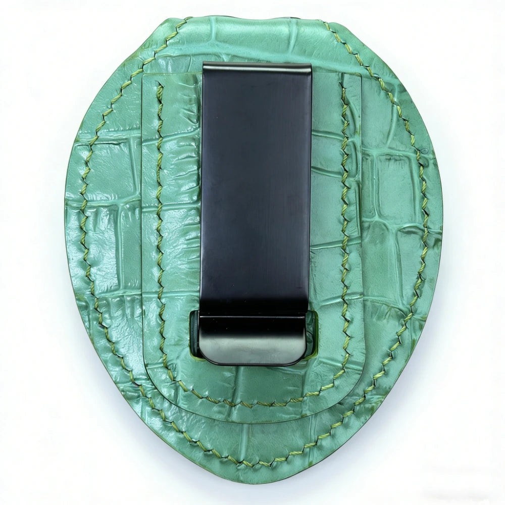 Personalized Genuine Leather Oval Police Badge Holder - Green Bamboo-joint pattern Case with Belt Clip & Neck Chain