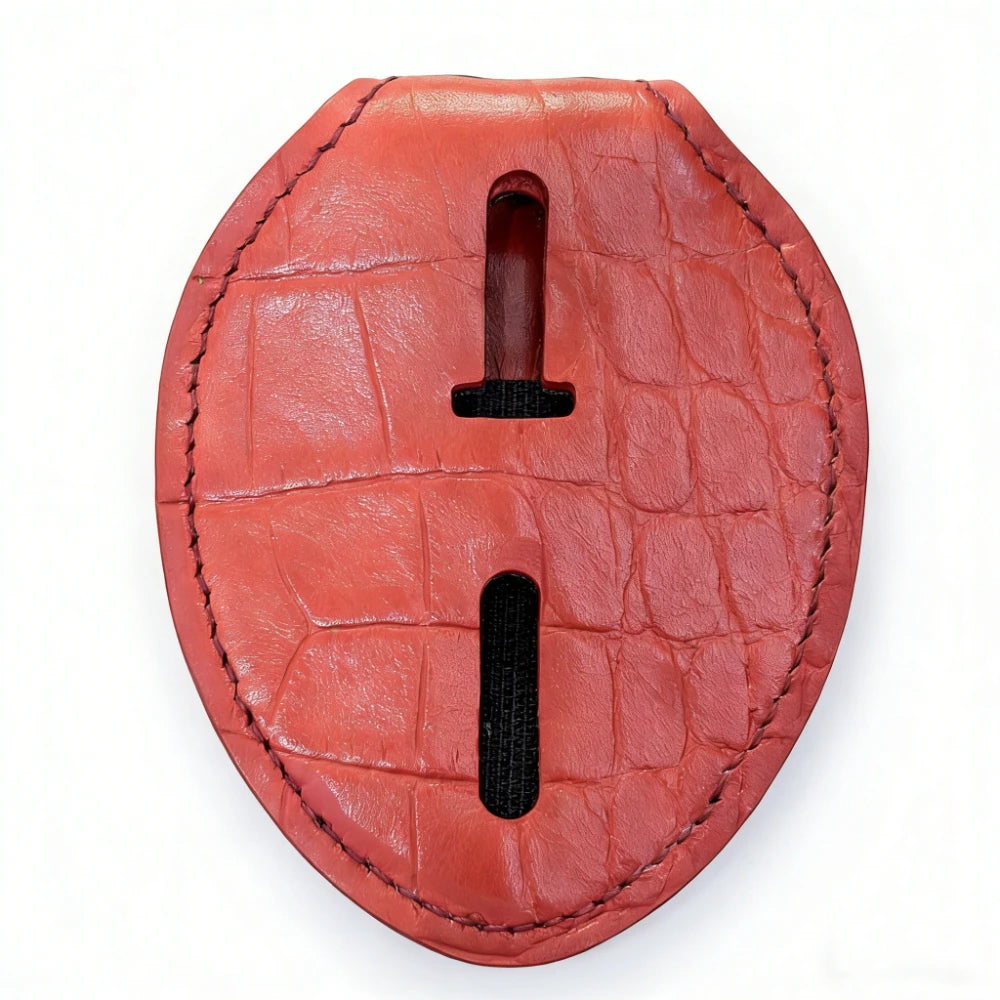 Personalized Genuine Leather Oval Police Badge Holder - Red Bamboo-joint pattern Case with Belt Clip & Neck Chain