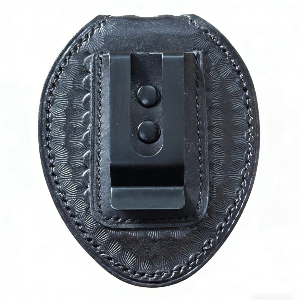Personalized Genuine Leather Oval Police Badge Holder - Handmade Embossed Case with Belt Clip & Neck Chain