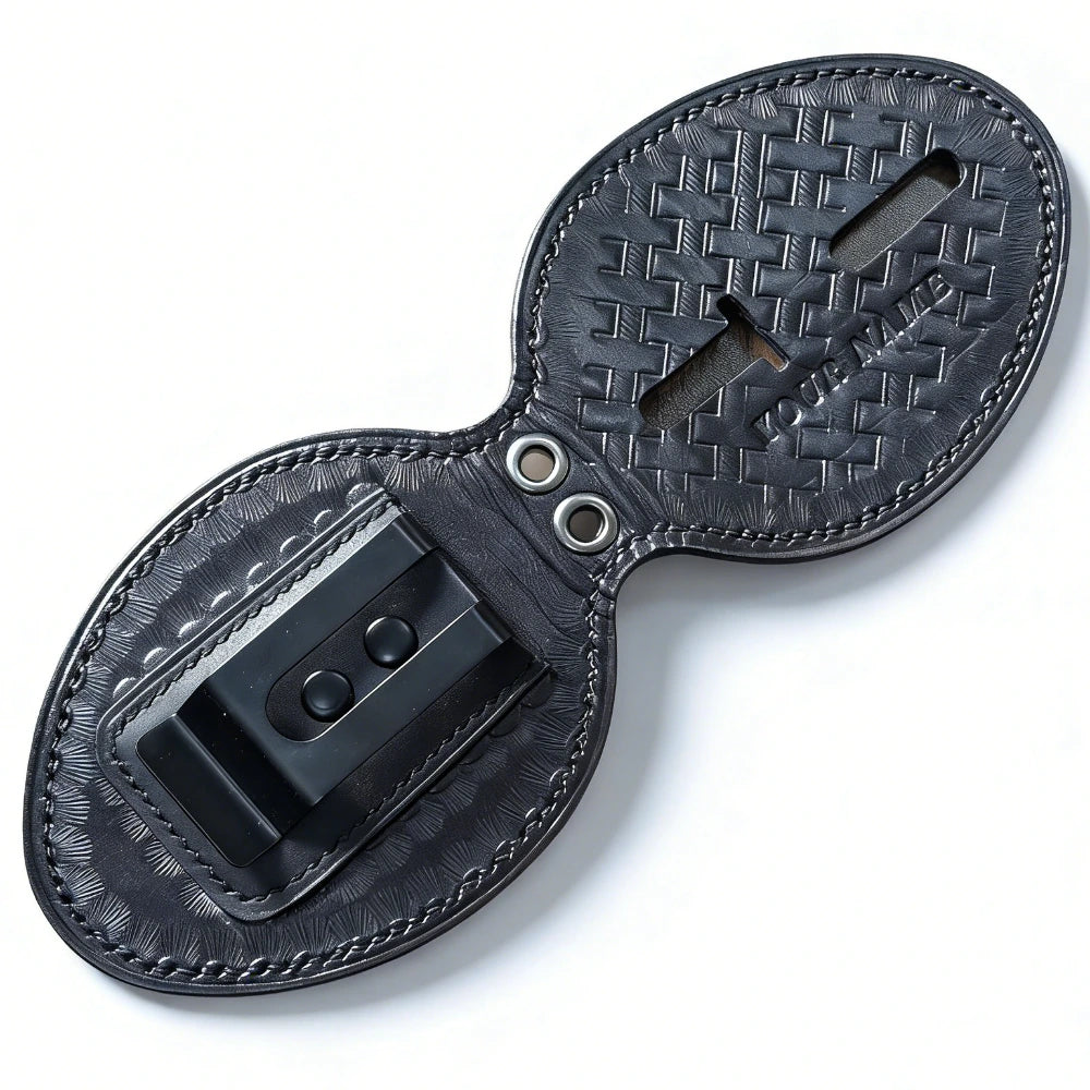 Personalized Genuine Leather Oval Police Badge Holder - Handmade Embossed Case with Belt Clip & Neck Chain