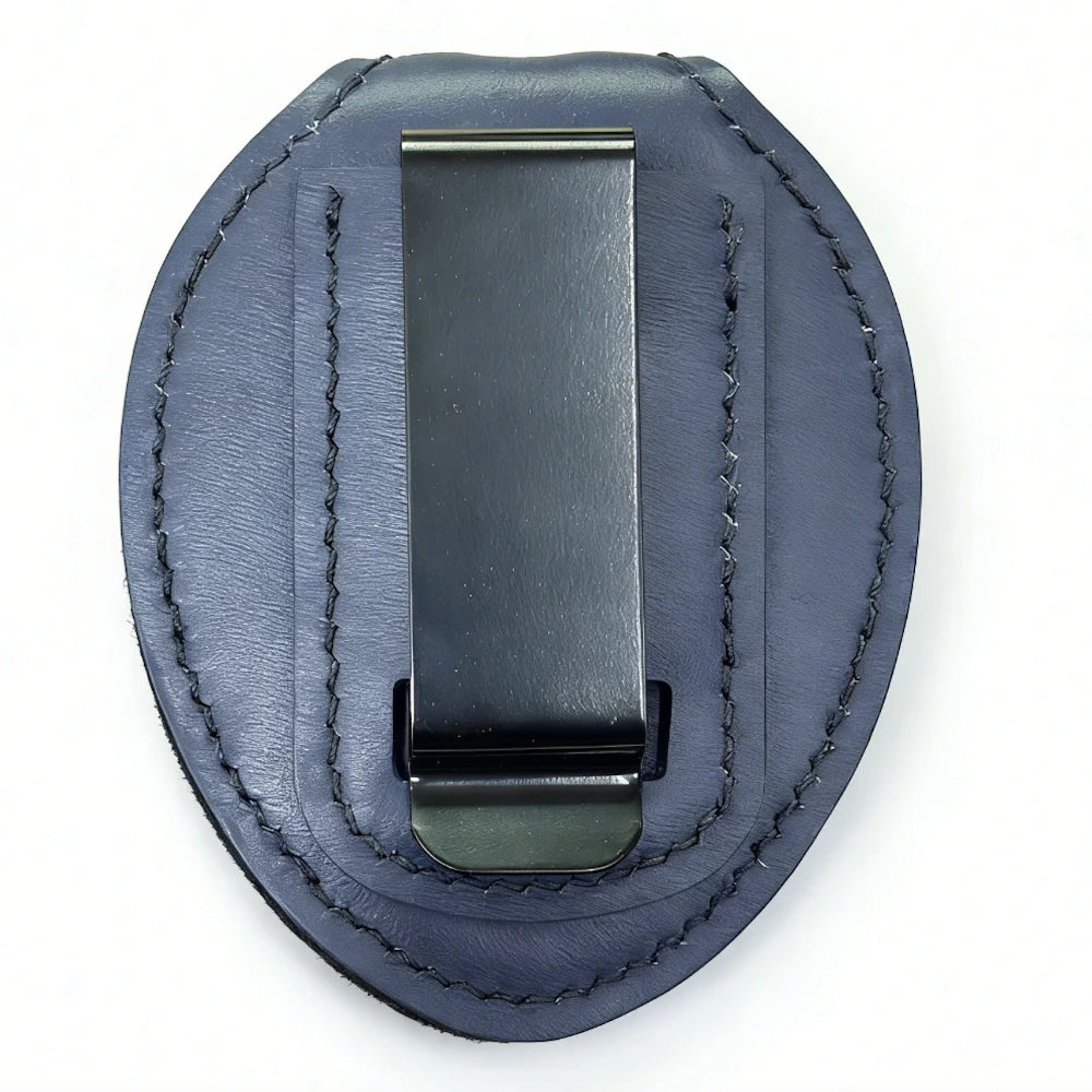 Personalized Genuine Leather Oval Police Badge Holder - Dark blue Case with Belt Clip & Neck Chain