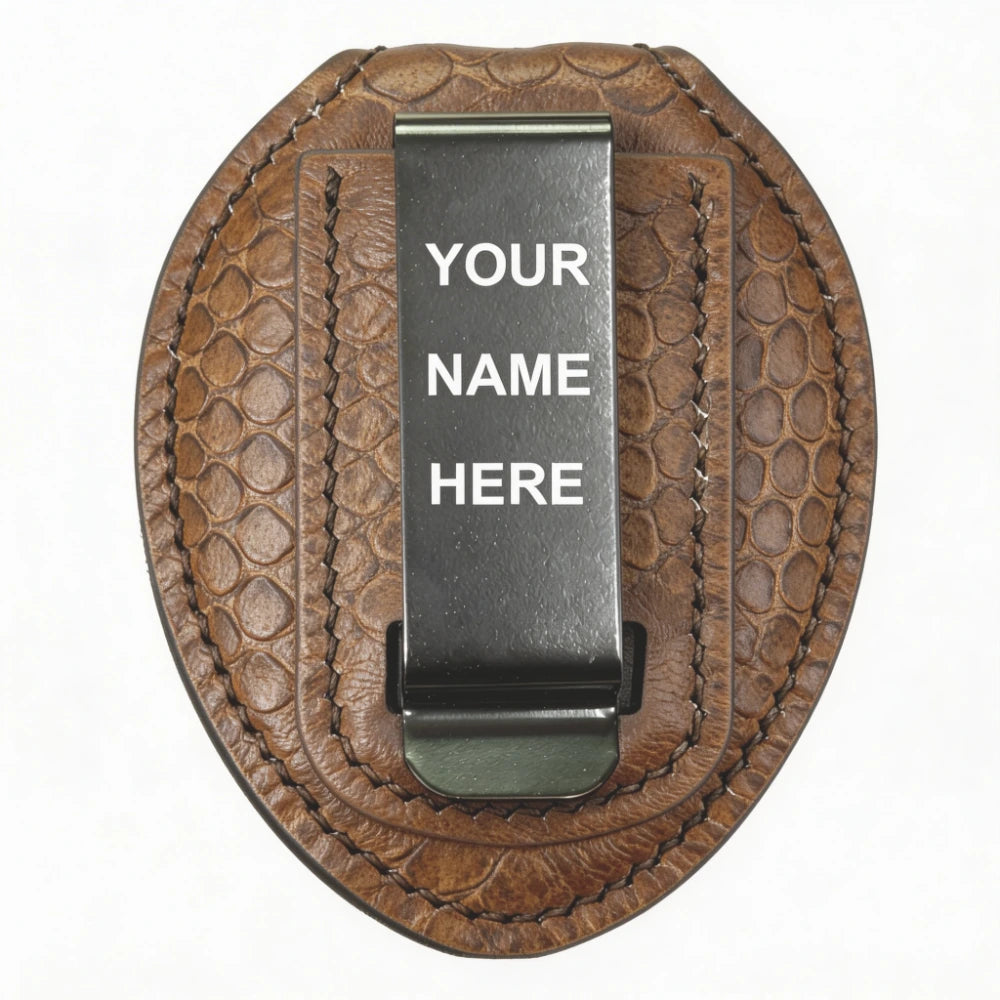 Personalized Genuine Leather Oval Police Badge Holder - S001 Case with Belt Clip & Neck Chain