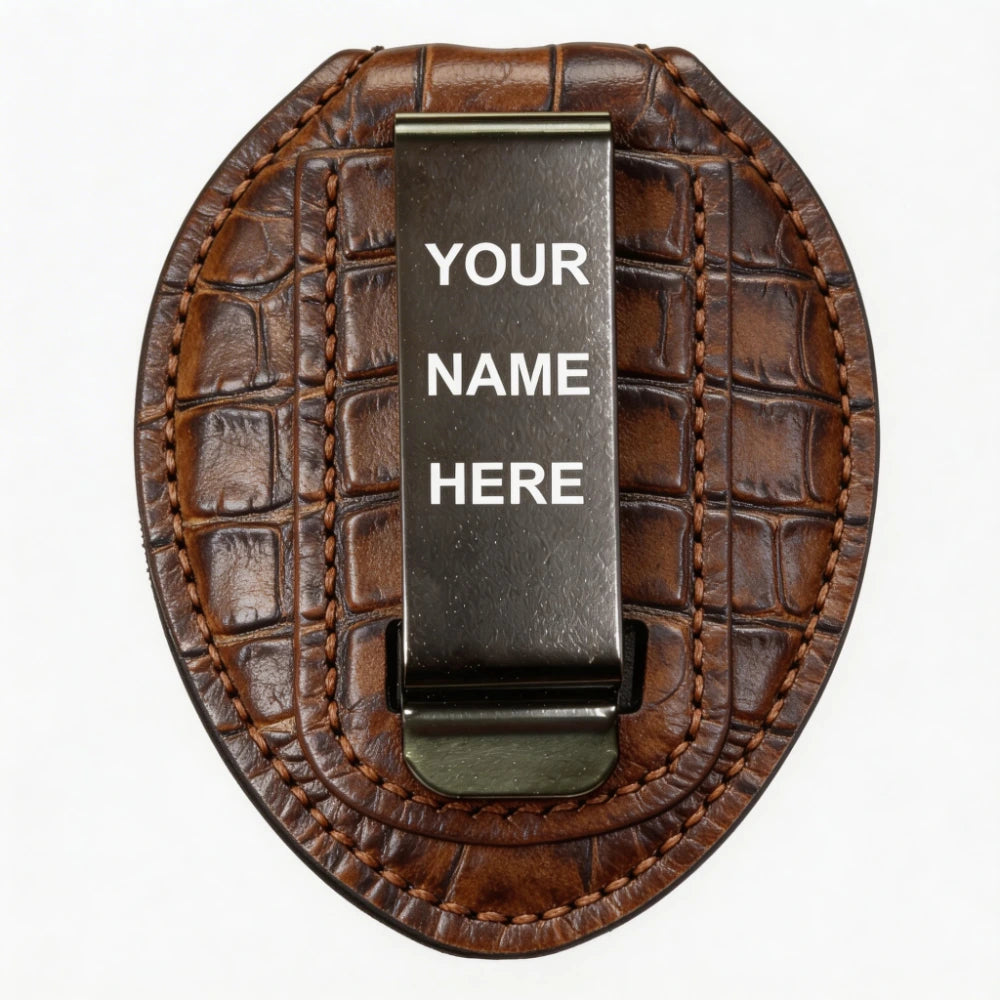 Personalized Genuine Leather Oval Police Badge Holder - C003 Case with Belt Clip & Neck Chain