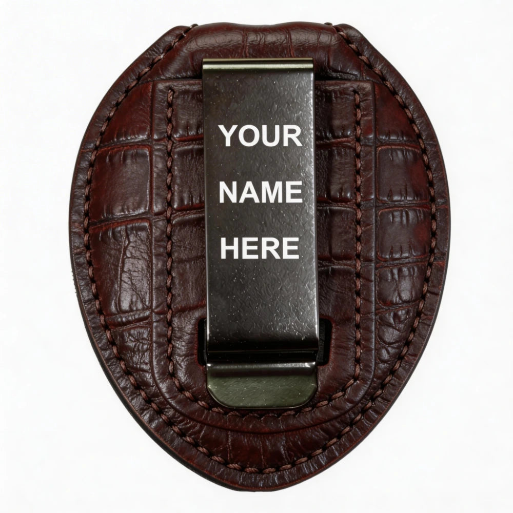 Personalized Genuine Leather Oval Police Badge Holder - B003 Case with Belt Clip & Neck Chain