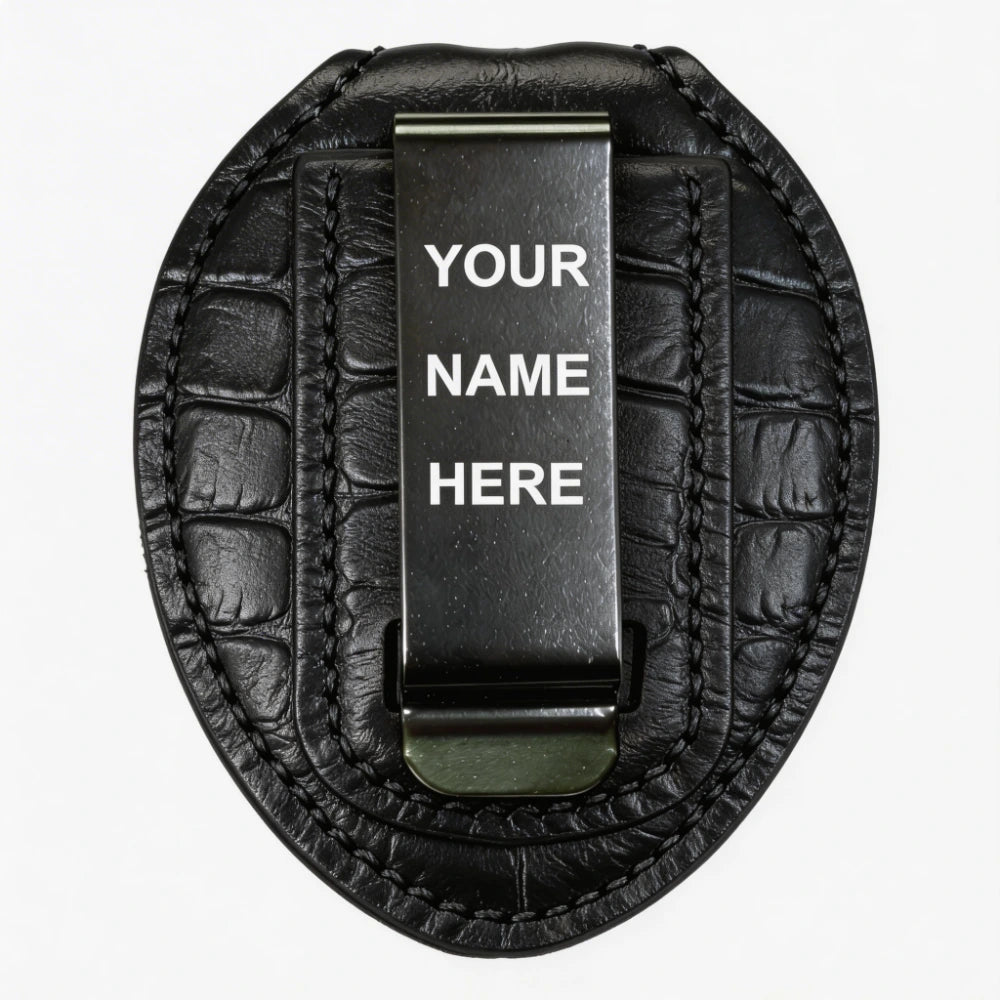 Personalized Genuine Leather Oval Police Badge Holder - C001 Case with Belt Clip & Neck Chain