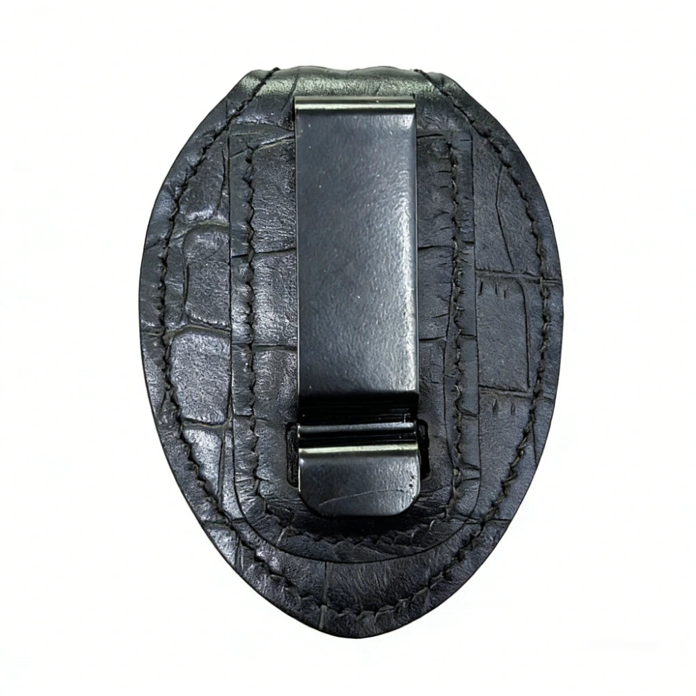Personalized Genuine Leather Oval Police Badge Holder - Crocodile pattern Case with Belt Clip & Neck Chain