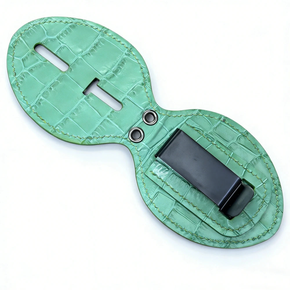 Personalized Genuine Leather Oval Police Badge Holder - Green Bamboo-joint pattern Case with Belt Clip & Neck Chain