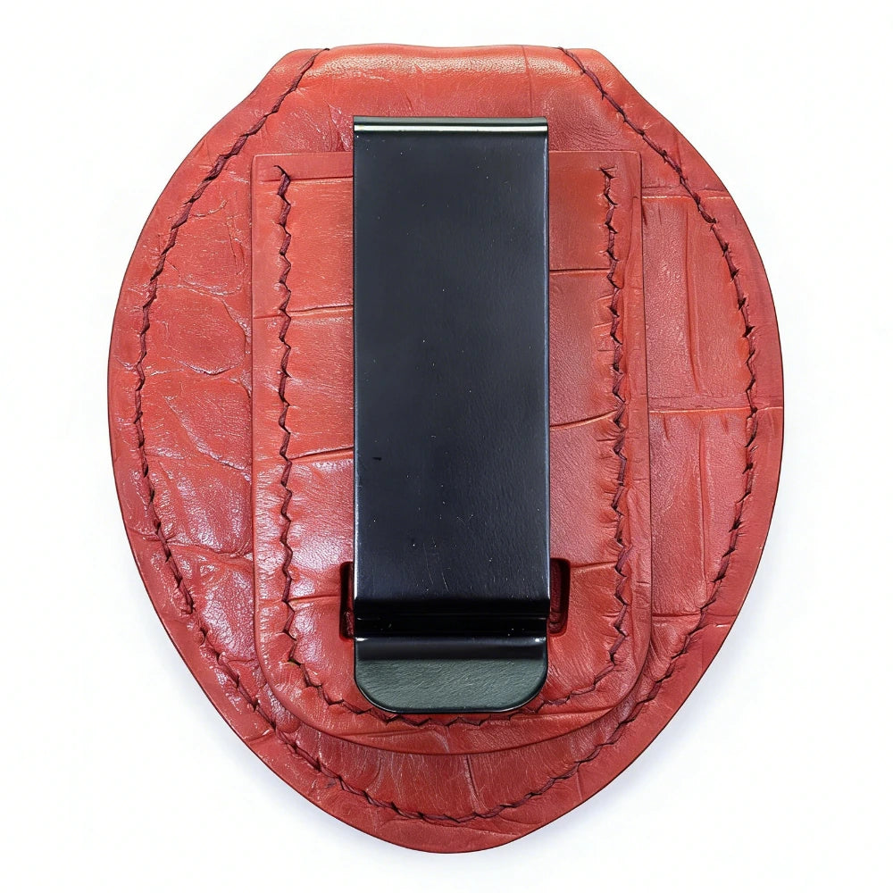 Personalized Genuine Leather Oval Police Badge Holder - Red Bamboo-joint pattern Case with Belt Clip & Neck Chain