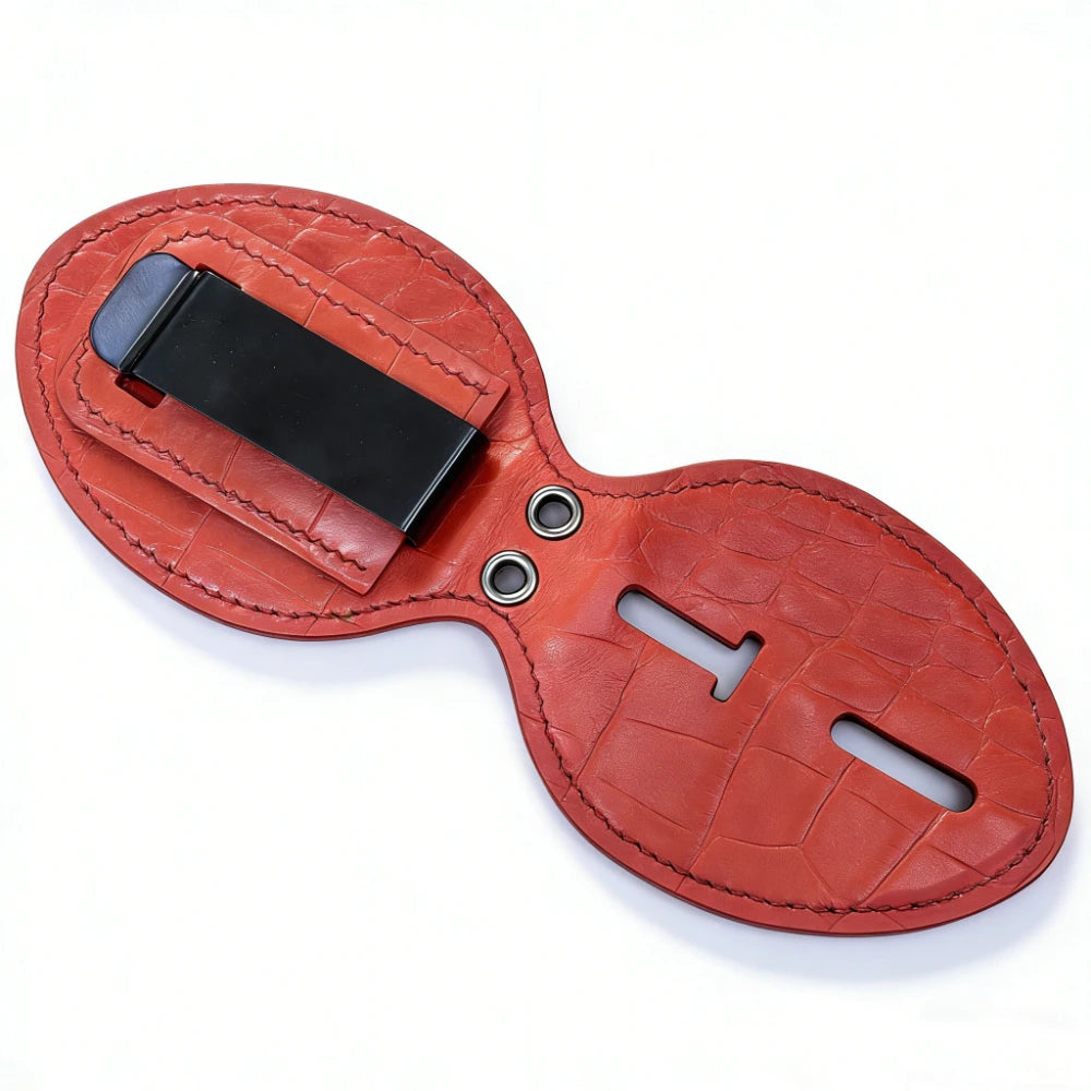 Personalized Genuine Leather Oval Police Badge Holder - Red Bamboo-joint pattern Case with Belt Clip & Neck Chain